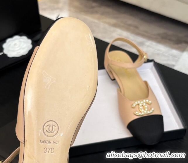 Lowest Cost Chanel Calfskin & Grosgrain Flat Sandals with Pearl CC Beige 2025 CH041720