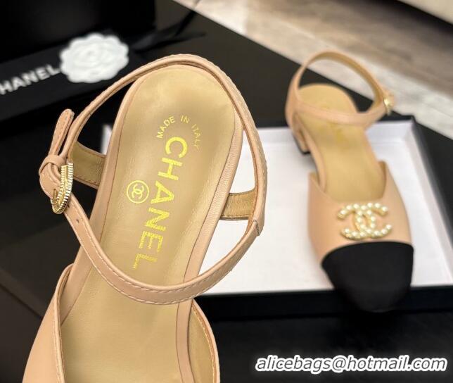 Lowest Cost Chanel Calfskin & Grosgrain Flat Sandals with Pearl CC Beige 2025 CH041720