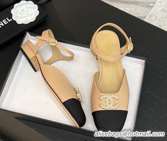 Lowest Cost Chanel Calfskin & Grosgrain Flat Sandals with Pearl CC Beige 2025 CH041720