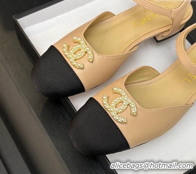 Lowest Cost Chanel Calfskin & Grosgrain Flat Sandals with Pearl CC Beige 2025 CH041720