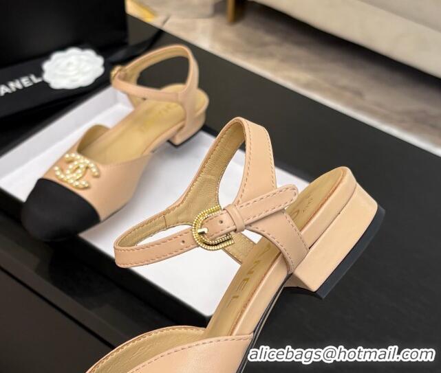 Lowest Cost Chanel Calfskin & Grosgrain Flat Sandals with Pearl CC Beige 2025 CH041720