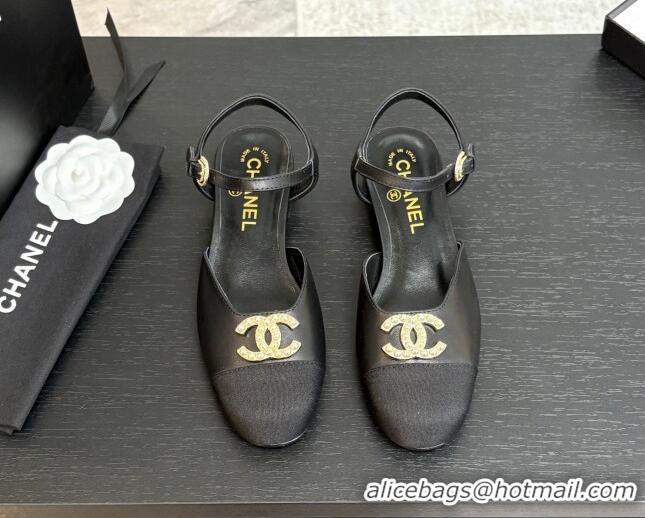 Good Quality Chanel Calfskin & Grosgrain Flat Sandals with Pearl CC Black 2025 CH041720