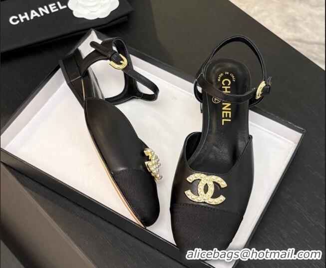 Good Quality Chanel Calfskin & Grosgrain Flat Sandals with Pearl CC Black 2025 CH041720