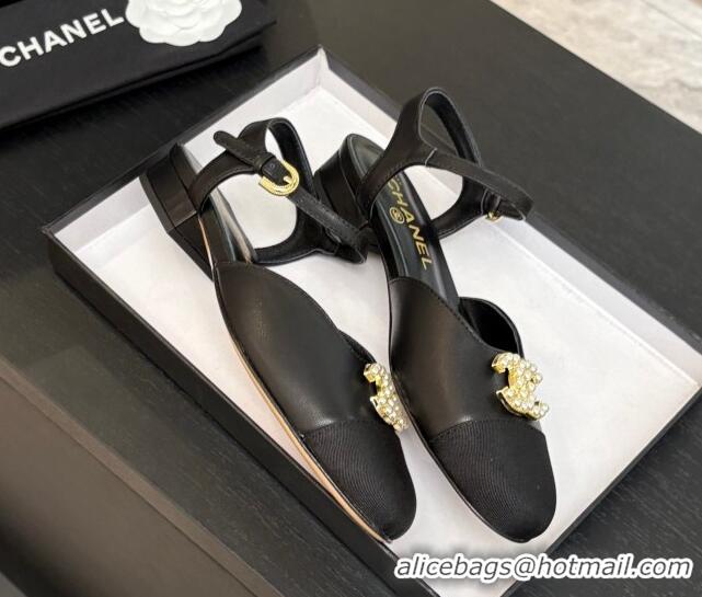 Good Quality Chanel Calfskin & Grosgrain Flat Sandals with Pearl CC Black 2025 CH041720