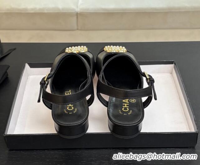Good Quality Chanel Calfskin & Grosgrain Flat Sandals with Pearl CC Black 2025 CH041720