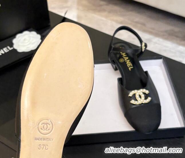 Good Quality Chanel Calfskin & Grosgrain Flat Sandals with Pearl CC Black 2025 CH041720