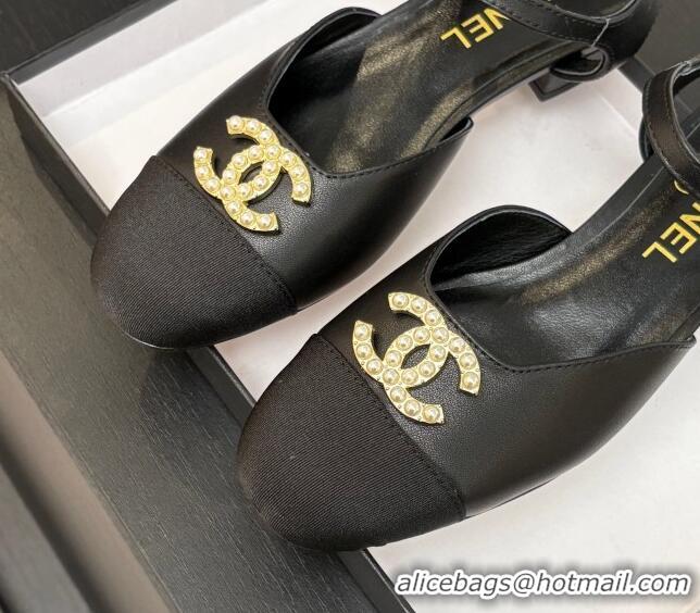 Good Quality Chanel Calfskin & Grosgrain Flat Sandals with Pearl CC Black 2025 CH041720