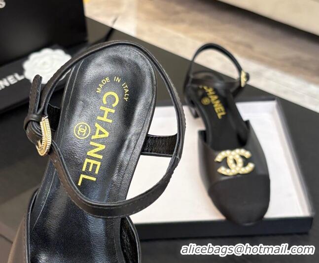 Good Quality Chanel Calfskin & Grosgrain Flat Sandals with Pearl CC Black 2025 CH041720