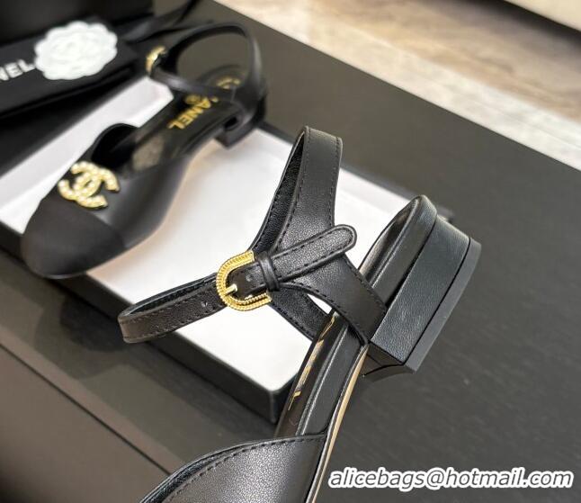 Good Quality Chanel Calfskin & Grosgrain Flat Sandals with Pearl CC Black 2025 CH041720