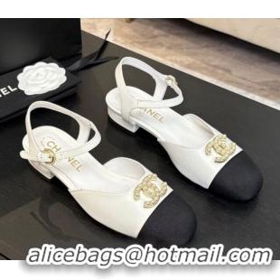 Best Grade Chanel Calfskin & Grosgrain Flat Sandals with Pearl CC White 2025 CH041720