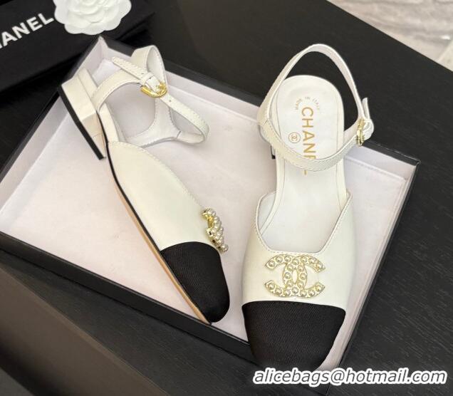 Best Grade Chanel Calfskin & Grosgrain Flat Sandals with Pearl CC White 2025 CH041720