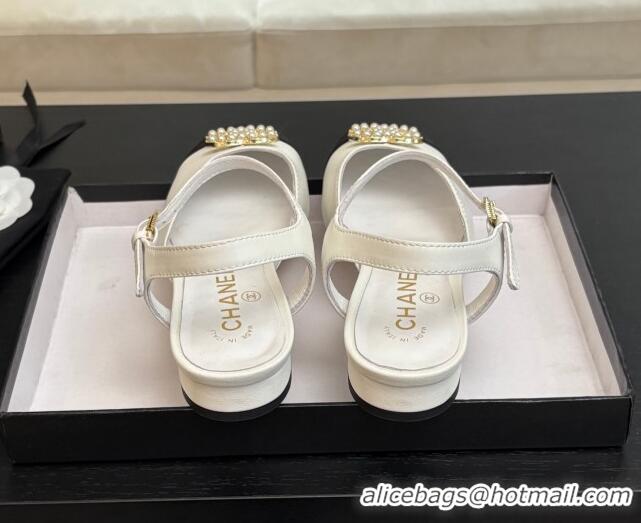 Best Grade Chanel Calfskin & Grosgrain Flat Sandals with Pearl CC White 2025 CH041720