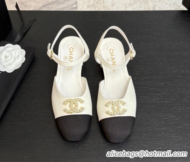 Best Grade Chanel Calfskin & Grosgrain Flat Sandals with Pearl CC White 2025 CH041720