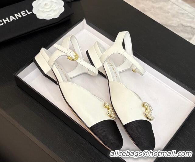 Best Grade Chanel Calfskin & Grosgrain Flat Sandals with Pearl CC White 2025 CH041720