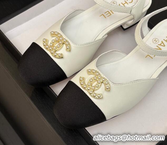Best Grade Chanel Calfskin & Grosgrain Flat Sandals with Pearl CC White 2025 CH041720