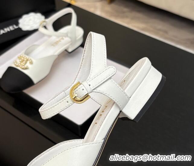 Best Grade Chanel Calfskin & Grosgrain Flat Sandals with Pearl CC White 2025 CH041720