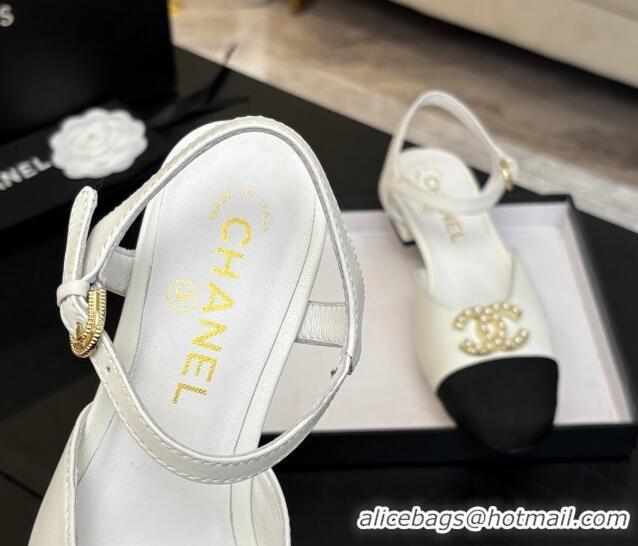 Best Grade Chanel Calfskin & Grosgrain Flat Sandals with Pearl CC White 2025 CH041720