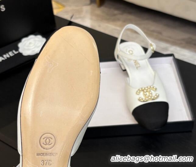 Best Grade Chanel Calfskin & Grosgrain Flat Sandals with Pearl CC White 2025 CH041720