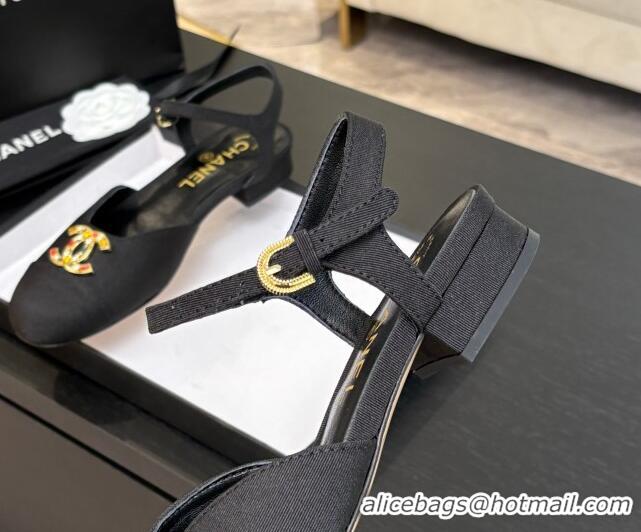 Stylish Chanel Grosgrain Flat Sandals with Stone CC Black 2025 CH041720