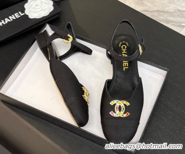 Stylish Chanel Grosgrain Flat Sandals with Stone CC Black 2025 CH041720