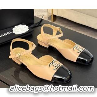 Stylish Chanel Calfskin & Patent Flat Sandals with Strass CC Beige 2025 CH041720
