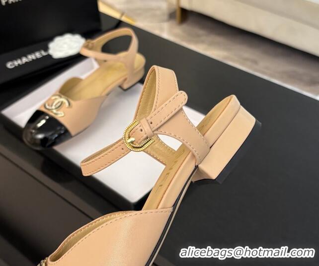 Stylish Chanel Calfskin & Patent Flat Sandals with Strass CC Beige 2025 CH041720