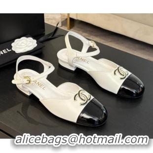 Duplicate Chanel Calfskin & Patent Flat Sandals with Strass CC White 2025 CH041720