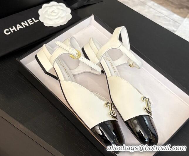 Duplicate Chanel Calfskin & Patent Flat Sandals with Strass CC White 2025 CH041720