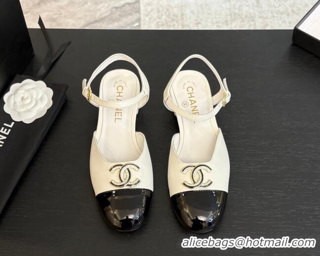 Duplicate Chanel Calfskin & Patent Flat Sandals with Strass CC White 2025 CH041720