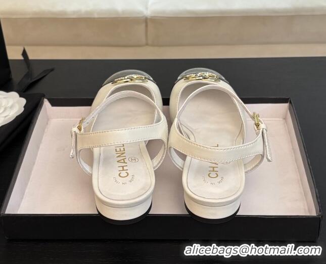 Duplicate Chanel Calfskin & Patent Flat Sandals with Strass CC White 2025 CH041720