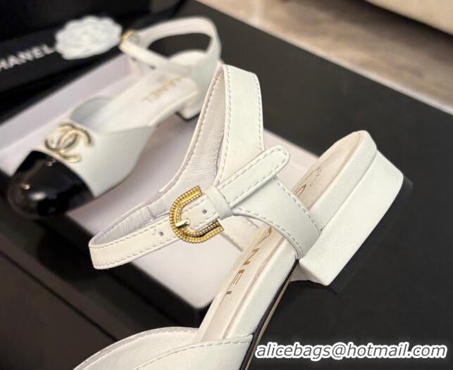Duplicate Chanel Calfskin & Patent Flat Sandals with Strass CC White 2025 CH041720