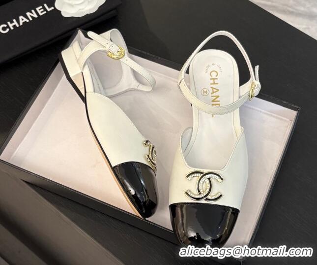 Duplicate Chanel Calfskin & Patent Flat Sandals with Strass CC White 2025 CH041720