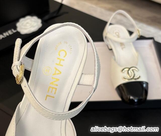 Duplicate Chanel Calfskin & Patent Flat Sandals with Strass CC White 2025 CH041720