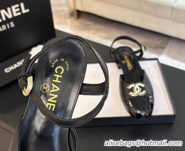 Classic Hot Chanel Calfskin & Patent Flat Sandals with Strass CC Black 2025 CH041720