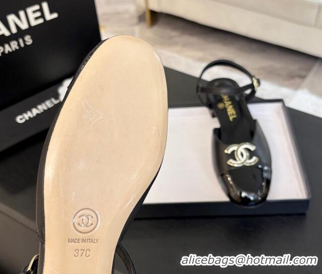 Classic Hot Chanel Calfskin & Patent Flat Sandals with Strass CC Black 2025 CH041720