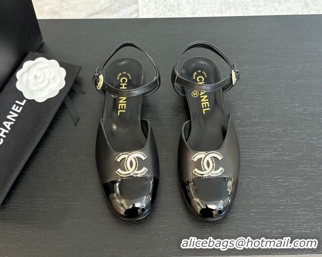 Classic Hot Chanel Calfskin & Patent Flat Sandals with Strass CC Black 2025 CH041720