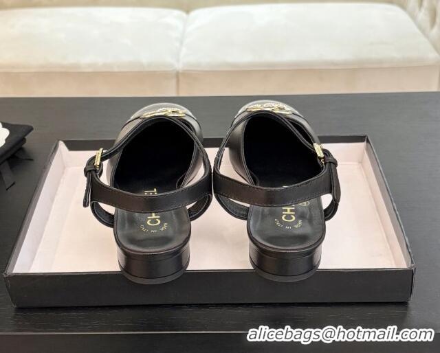 Classic Hot Chanel Calfskin & Patent Flat Sandals with Strass CC Black 2025 CH041720