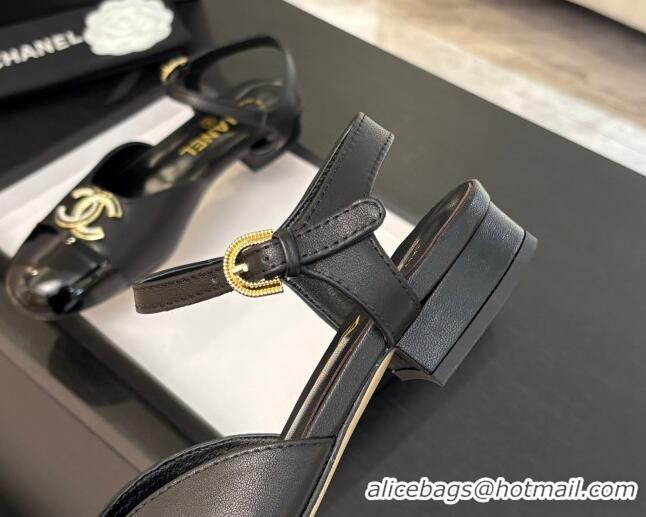 Classic Hot Chanel Calfskin & Patent Flat Sandals with Strass CC Black 2025 CH041720