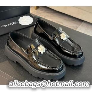Purchase Chanel Shiny Calfskin Loafers with Bloom Black 2025 CH041721