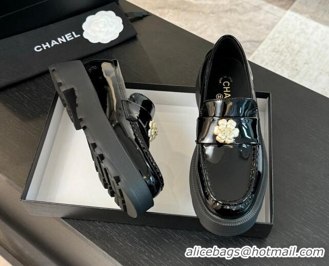Purchase Chanel Shiny Calfskin Loafers with Bloom Black 2025 CH041721