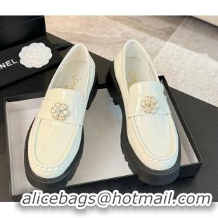 Top Grade Chanel Shiny Calfskin Loafers with Bloom White 2025 CH041721