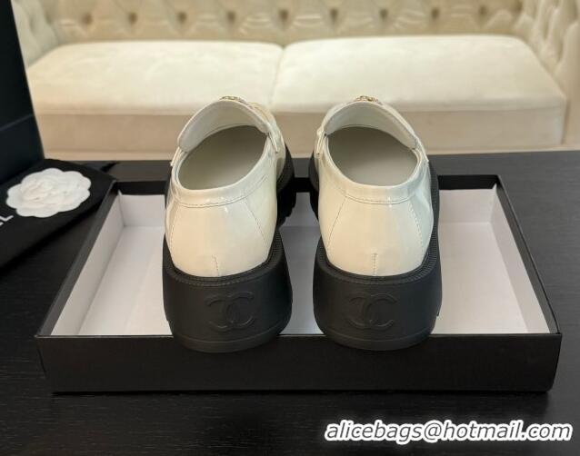 Top Grade Chanel Shiny Calfskin Loafers with Bloom White 2025 CH041721