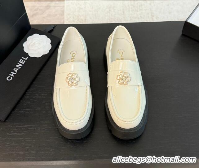 Top Grade Chanel Shiny Calfskin Loafers with Bloom White 2025 CH041721