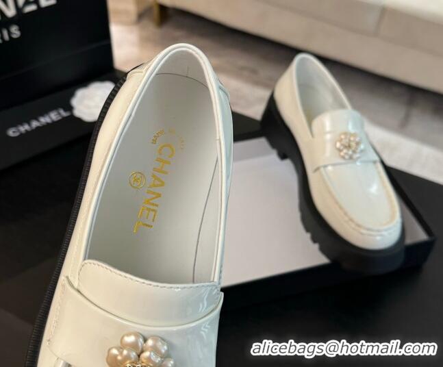 Top Grade Chanel Shiny Calfskin Loafers with Bloom White 2025 CH041721
