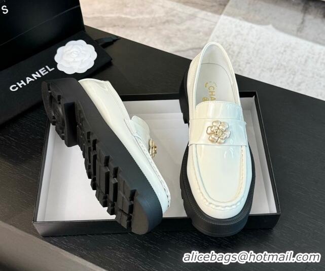Top Grade Chanel Shiny Calfskin Loafers with Bloom White 2025 CH041721