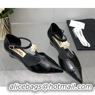 Good Looking Chanel Shiny Calfskin Mary Janes Wedge Pumps with Bloom Black 2025 CH041722