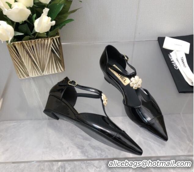 Good Looking Chanel Shiny Calfskin Mary Janes Wedge Pumps with Bloom Black 2025 CH041722