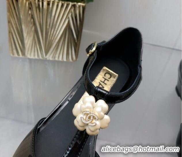 Good Looking Chanel Shiny Calfskin Mary Janes Wedge Pumps with Bloom Black 2025 CH041722
