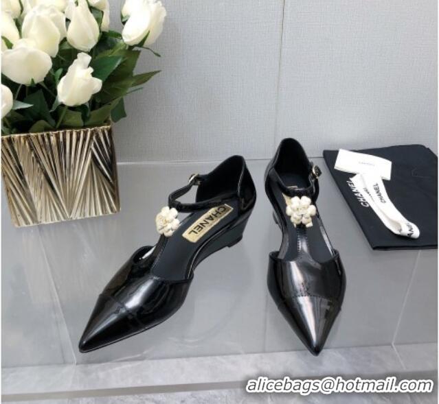 Good Looking Chanel Shiny Calfskin Mary Janes Wedge Pumps with Bloom Black 2025 CH041722