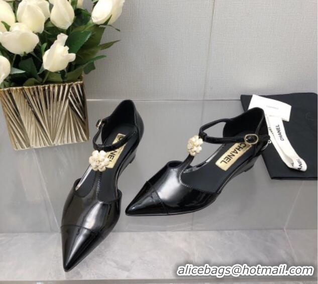 Good Looking Chanel Shiny Calfskin Mary Janes Wedge Pumps with Bloom Black 2025 CH041722